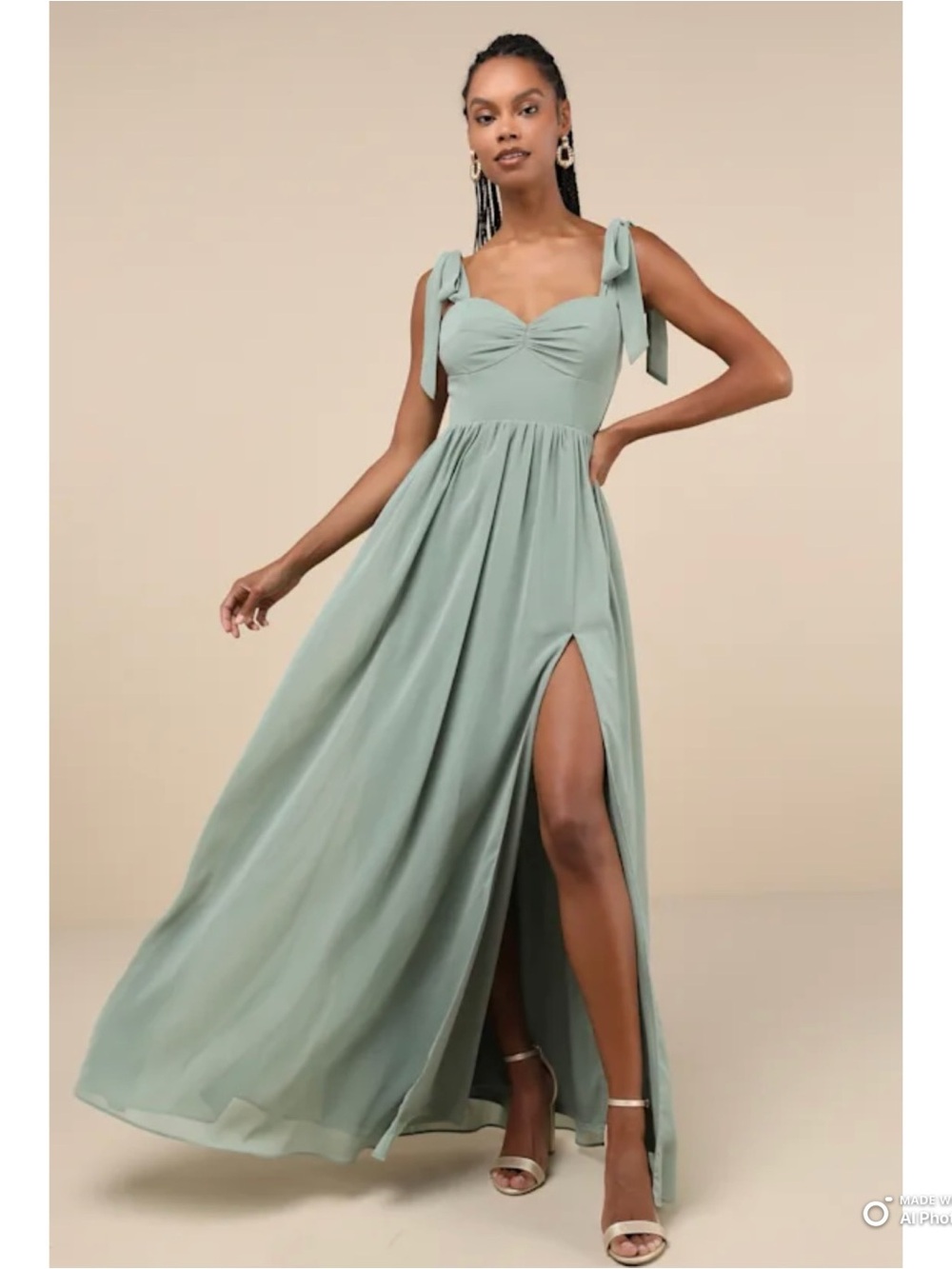 Lulus Medium Radiant Charisma Sage Brush Chiffon Ruched Tie-Strap Maxi Dress NWT
